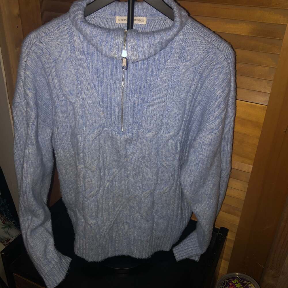 Buy Madison + Hudson Women High Neck Half Zip Textured Sweater, Blue Online